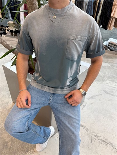 Taş Yıkamalı Cepli T-Shirt -E7165