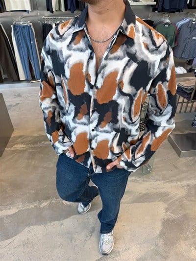 Turuncu Desenli Keten Gömlek