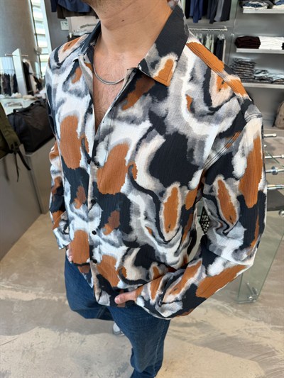 Turuncu Desenli Keten Gömlek