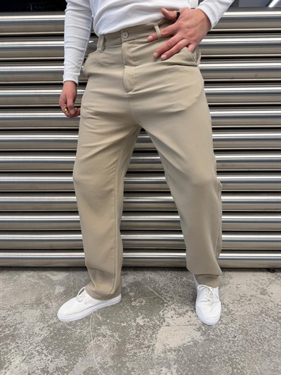 W Bej Ottoman Kumaş Bel Lastik Pantolon -5073