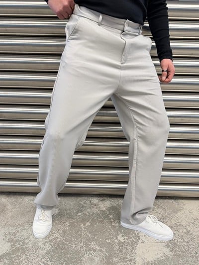 W Gri Ottoman Kumaş Bel Lastik Pantolon -5073
