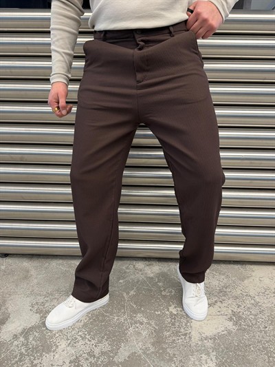 W Kahverengi Ottoman Kumaş Bel Lastik Pantolon -5073