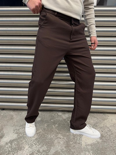 W Kahverengi Ottoman Kumaş Bel Lastik Pantolon -5073