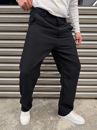 W Siyah Ottoman Kumaş Bel Lastik Pantolon -5073