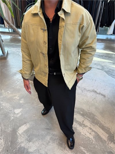 Yağ Yeşili Gabardin Kancalı Tasarım Ceket KA4657