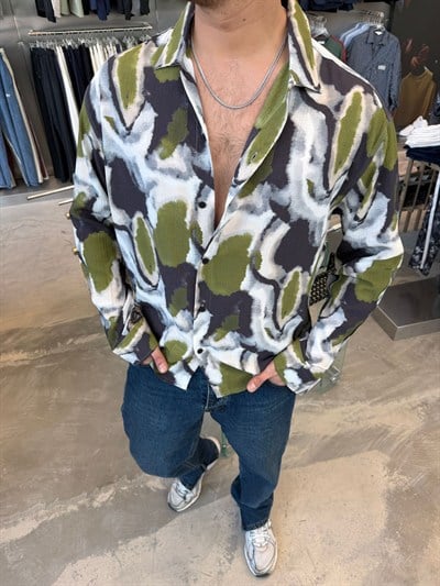 Yeşil Desenli Keten Gömlek