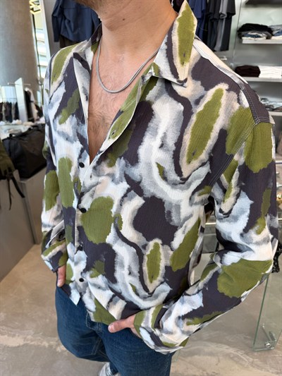 Yeşil Desenli Keten Gömlek