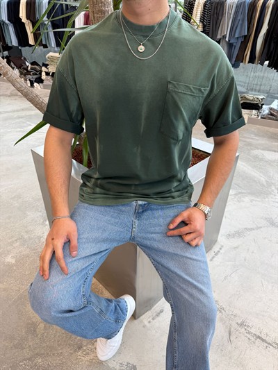 Yeşil Yıkamalı Cepli T-Shirt -E7165