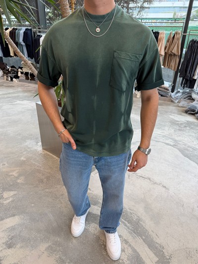 Yeşil Yıkamalı Cepli T-Shirt -E7165