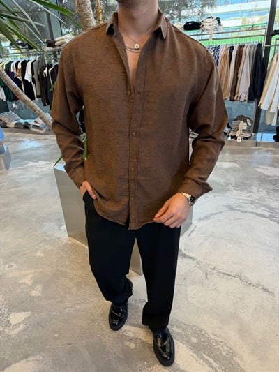 Kahverengi  Yıkamalı Keten Gömlek E40-71