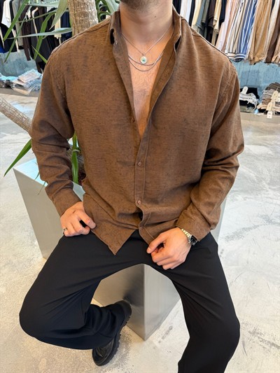 Kahverengi  Yıkamalı Keten Gömlek E40-71