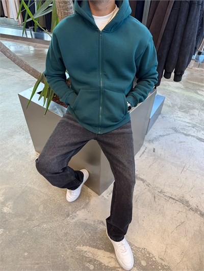 Zümrüt Yeşil Basic Fermuarlı Kapişonlu Sweat SP78