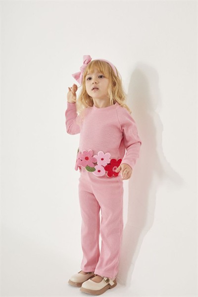 Çiçek süzeneli örme takım pembe