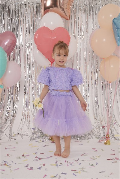 lila gül detaylı etekli takım