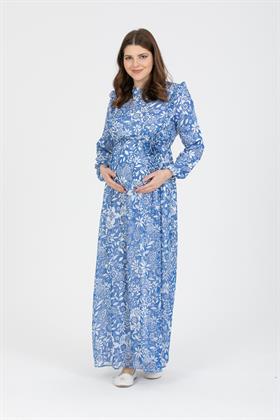 Gör&Sin Roba Fırfırlı Çiçek Desenli Hamile İndigo Elbise