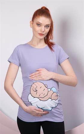 Gör&Sin Uyuyan Erkek Bebek Baskılı Hamile Lila Tişört