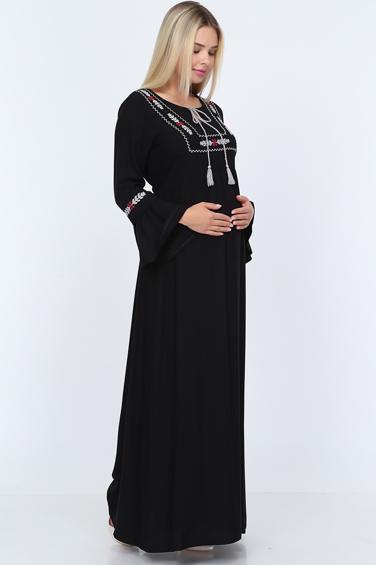 Ön Ve Kol Nakış Detaylı Uzun Hamile Siyah Elbise - Gör&Sin