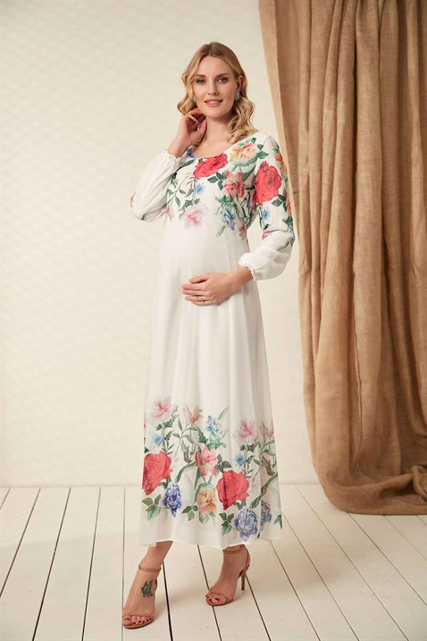 Gör&Sin Çiçek Desenli Hamile Şifon Elbise Beyaz