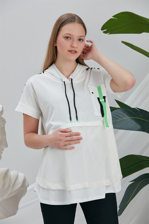 Gör&Sin Ön File Detaylı Şeritli Kapşonlu Hamile Beyaz Tişört
