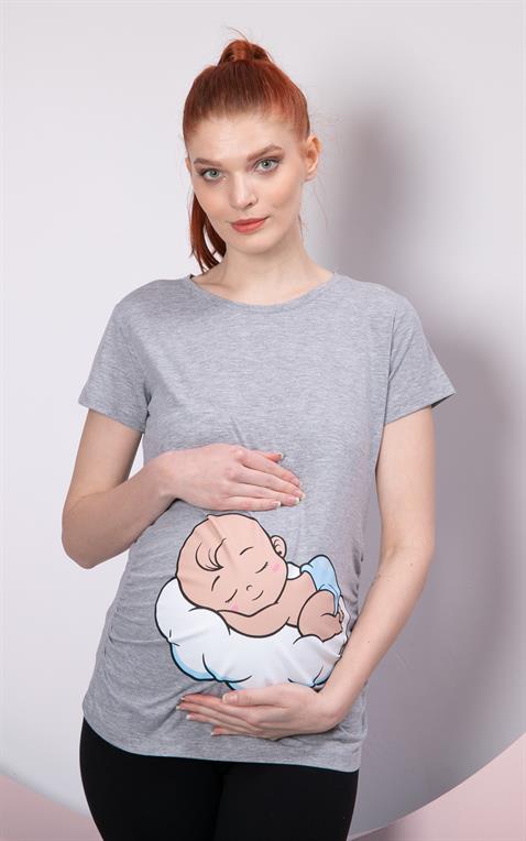 Gör&Sin Uyuyan Erkek Bebek Baskılı Hamile Gri Tişört