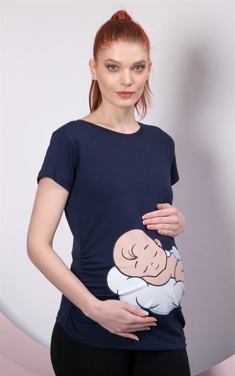 Gör&Sin Uyuyan Erkek Bebek Baskılı Hamile Lacivert Tişört