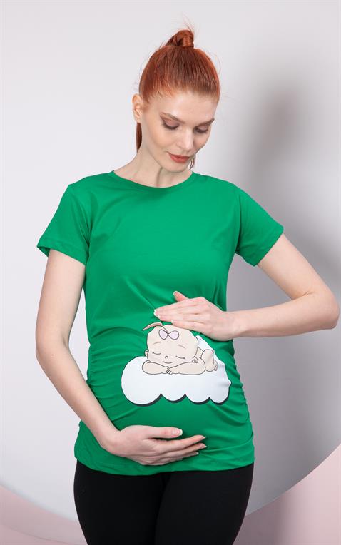 Gör&sin Uyuyan Kız Bebek Baskılı Hamile Yeşil Tişört