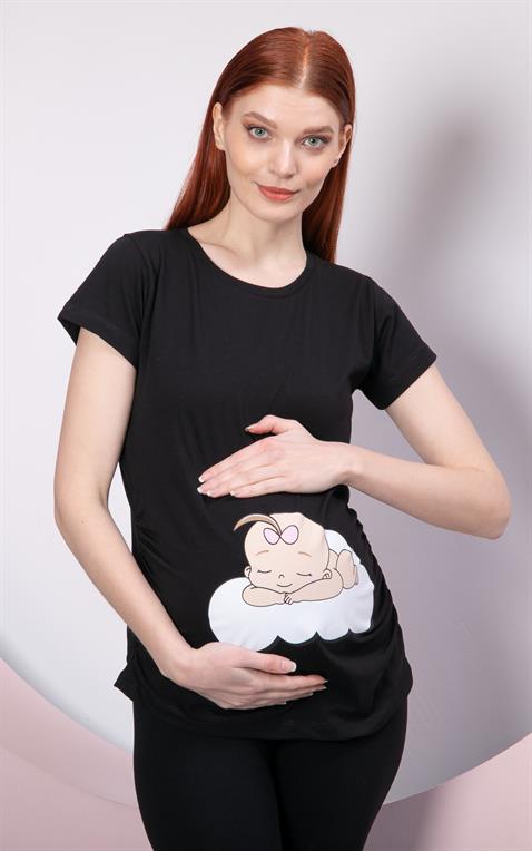 Gör&sin Uyuyan Kız Bebek Baskılı Hamile Siyah Tişört