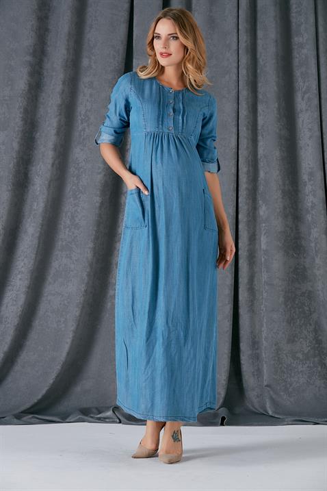 Gör&Sin Yaka Pile Detaylı Hamile Lacivert Elbise