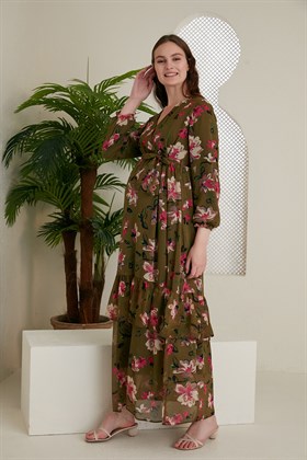Gör&Sin Bel Bağcık Detaylı Çiçek Desenli Haki Hamile Elbise