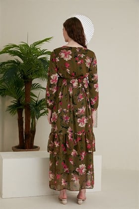 Gör&Sin Bel Bağcık Detaylı Çiçek Desenli Haki Hamile Elbise