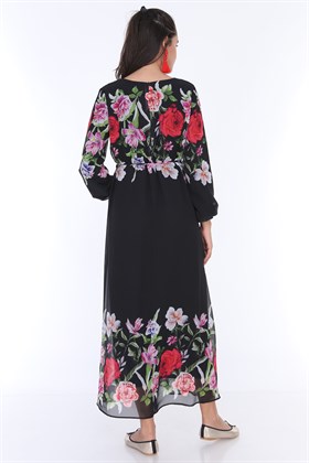 Gör&Sin Çiçek Desenli Hamile Şifon Elbise Siyah