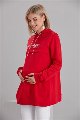 Gör&Sin Emzirme Detaylı Baskılı Kırmızı Hamile Sweatshirt