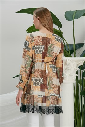 Gör&Sin Eteği Dantel Detaylı Peç Desenli Camel Hamile Tunik
