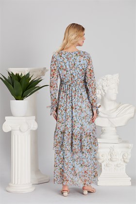 Gör&Sin Fırfır Detaylı Çiçek Desenli Mavi Hamile Elbise