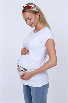Gör&Sin İkiz Bebek Baskılı Hamile Tişört Beyaz