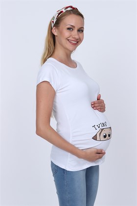 Gör&Sin İkiz Bebek Baskılı Hamile Tişört Beyaz