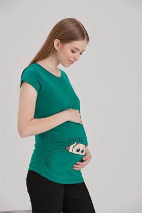Gör&Sin İkiz Bebek Baskılı Yeşil Hamile Tişört