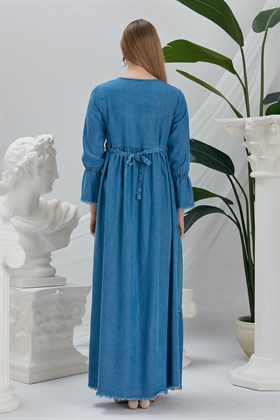 Gör&Sin Kol ve Eteği Püskül Detaylı Tensel Mavi Hamile Elbise