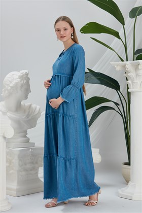 Gör&Sin Kol ve Eteği Püskül Detaylı Tensel Mavi Hamile Elbise