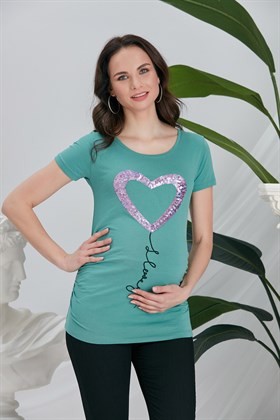Gör&Sin Nakışlı Pul Kalp Detaylı Çağla Yeşili Hamile Tişört