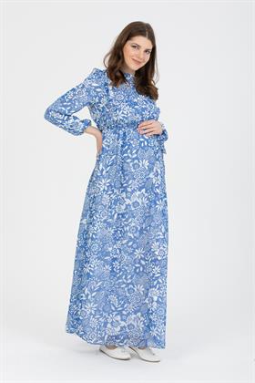 Gör&Sin Roba Fırfırlı Çiçek Desenli Hamile İndigo Elbise