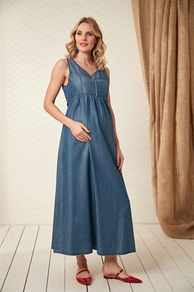 Görsin Tensel Fermuar Detaylı Kim Mavi Uzun Hamile Elbise