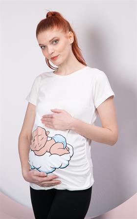 Gör&Sin Uyuyan Erkek Bebek Baskılı Hamile Beyaz Tişört