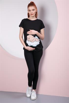 Gör&Sin Uyuyan Erkek Bebek Baskılı Hamile Siyah Tişört