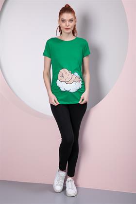 Gör&Sin Uyuyan Erkek Bebek Baskılı Hamile Yeşil Tişört