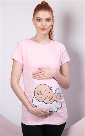 Gör&Sin Uyuyan Erkek Bebek Baskılı Hamile Pembe Tişört