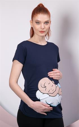 Gör&Sin Uyuyan Erkek Bebek Baskılı Hamile Lacivert Tişört