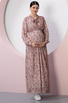 Gör&Sin Yaka Bağcık Detaylı Çiçek Desenli Pudra Hamile Elbise