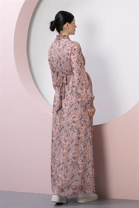 Gör&Sin Yaka Bağcık Detaylı Çiçek Desenli Pudra Hamile Elbise