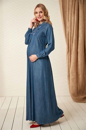 Gör&Sin Yakası Nakış Detaylı Uzun Hamile Elbise